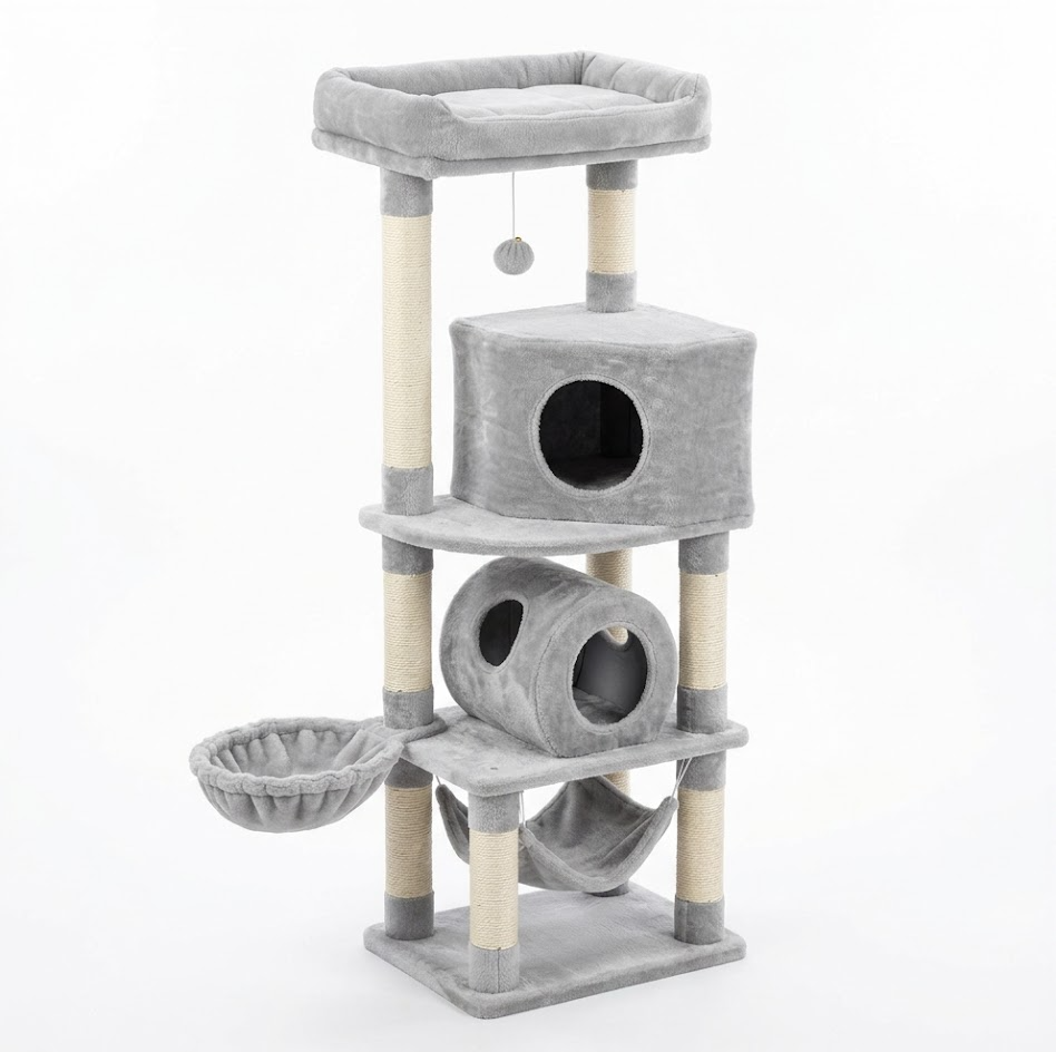 Fgdsgtresdfsdewa-Kratzbaum 135 cm für Indoor-Katzen, mit Plattform, Höhle, Hängematte, Spielball und Sisalstämmen, Katzenbaum Hellgrau MPJ019-SW