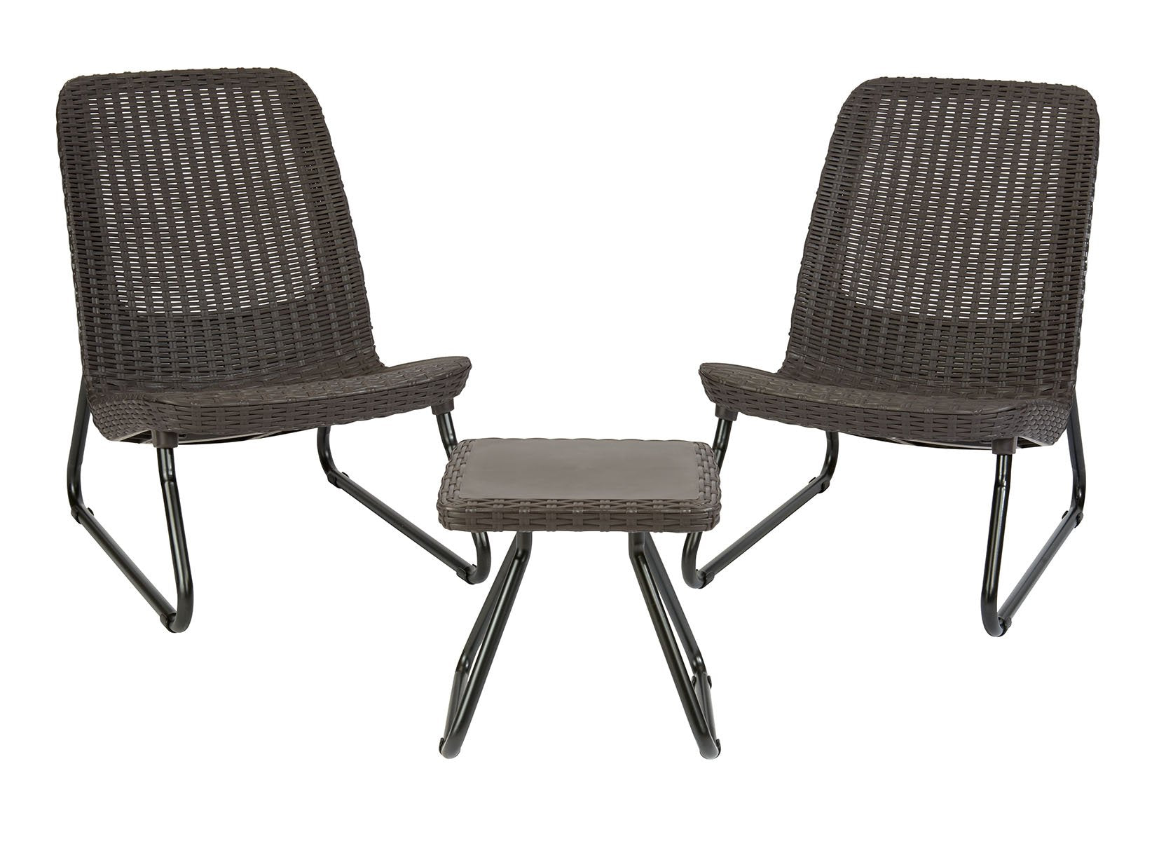 Keter Rio 3 Piece Resin Wicker Patio Furniture Set with Side Table and Outdoor Chairs, Brown