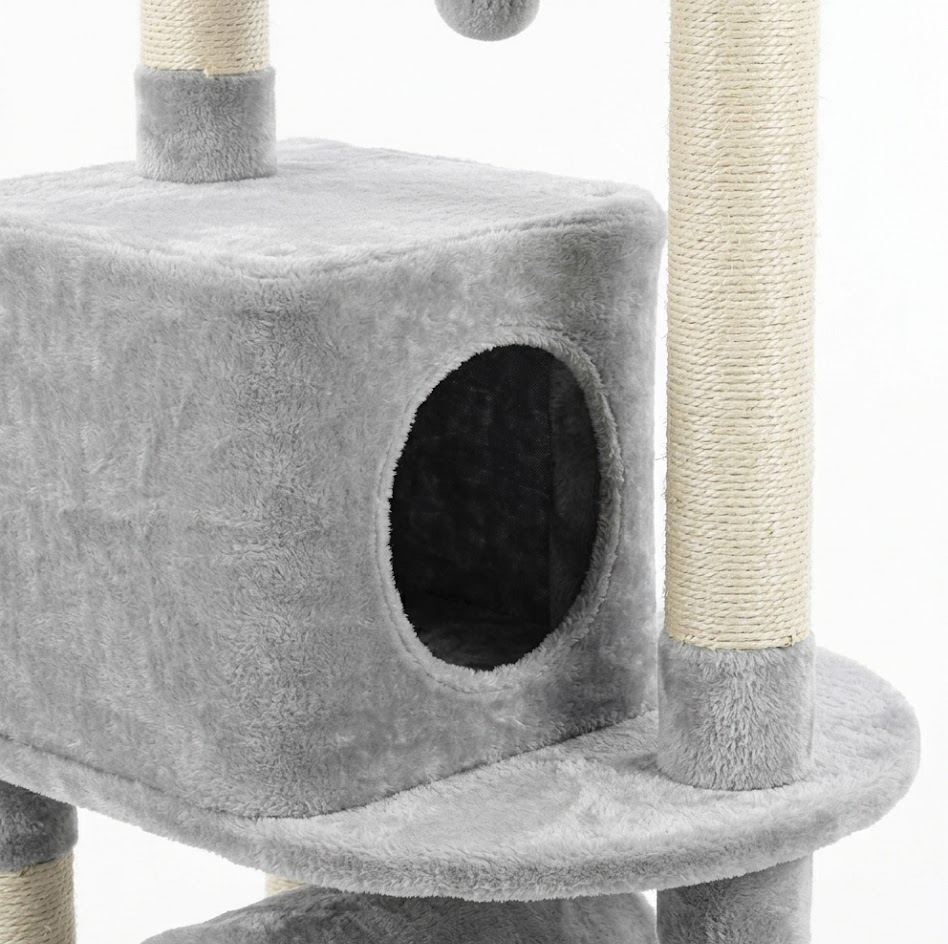 Fgdsgtresdfsdewa-Kratzbaum 135 cm für Indoor-Katzen, mit Plattform, Höhle, Hängematte, Spielball und Sisalstämmen, Katzenbaum Hellgrau MPJ019-SW