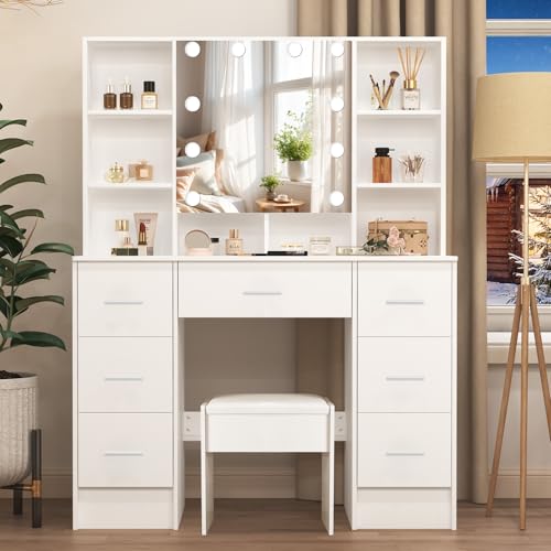 Teousev Schminktisch mit Beleuchtung und Spiegel, Einstellbarer Helligkeit, Frisiertisch mit Hocker, Kosmetiktisch mit 7 Schubladen und 6 Ablagen, 100X40X140Cm, Weiß, JR522 : Küche, Haushalt &amp; Wohnen