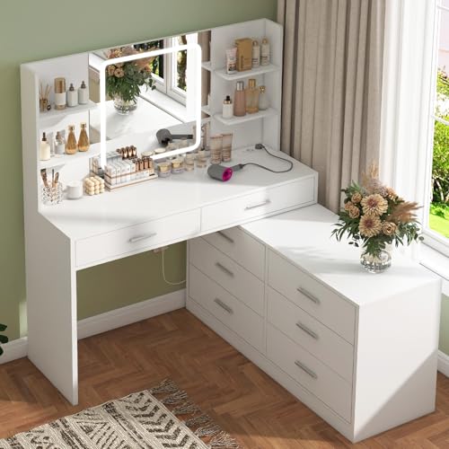 TEENFON Schminktisch mit LED Licht Spiegel &amp; Steckdose, 8 Schubladen, 6 Ablageflächen, 3 Farbmodi &amp; Einstellbare Helligkeit Schminktisch, Ecke Vanity, L Form ändern, Weiß : Küche, Haushalt &amp; Wohnen