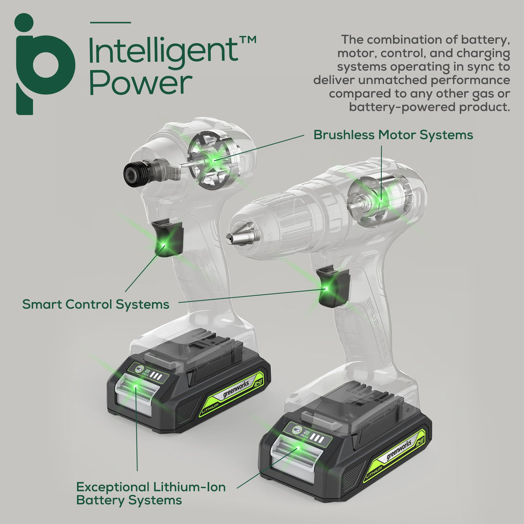 Greenworks 24V Brushless Cordless Drill Impact Driver Combo kit, 1/2u201dDrill &amp; 1/4u201dHex Impact Driver Power Tool Kit, Included 2 Batteries, 1 Charger, 8 pcs Bit Set &amp; Bag