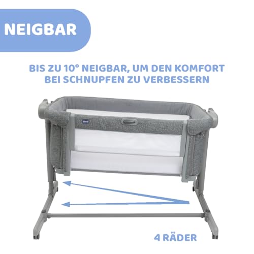 Chicco Next2Me Magic Evo, Beistellbett für Babys, mit Schaukelmodus, Kippfunktion, aufklappbarem Seitenteil, Verstellbarer Höhe, 4 Rädern, inkl. Matratze und Reisetasche, Dunkelgrau