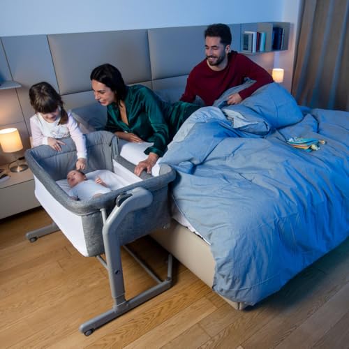 Chicco Next2Me Magic Evo, Beistellbett für Babys, mit Schaukelmodus, Kippfunktion, aufklappbarem Seitenteil, Verstellbarer Höhe, 4 Rädern, inkl. Matratze und Reisetasche, Dunkelgrau