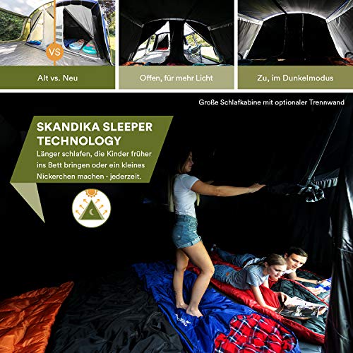 Skandika Tunnelzelt Montana 8 Personen | Camping Zelt mit/ohne eingenähten Zeltboden, mit/ohne Sleeper Technologie, 3 4 Schlafkabinen, 5000 mm Wassersäule, Moskitonetze | großes Familienzelt