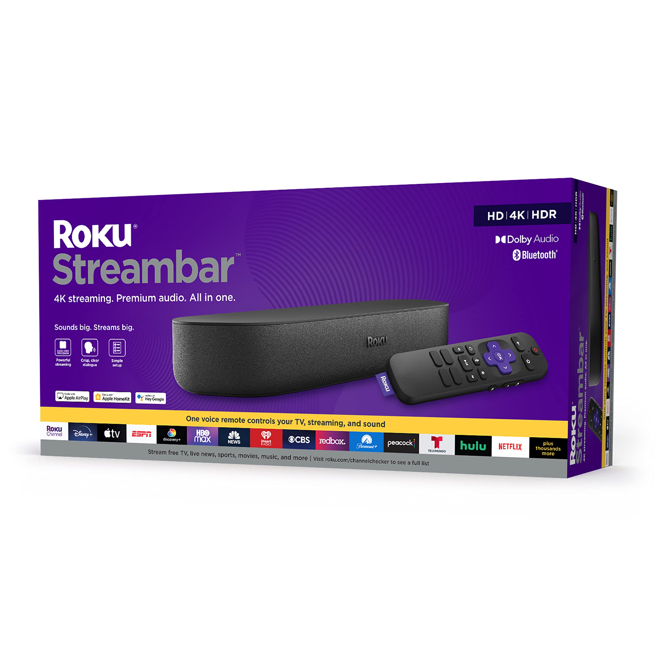 Roku Streambar | 4K HDR Streaming Device &amp; Premium Roku Soundbar All In One, Roku Voice Remote,u00a0Free &amp; Live TV