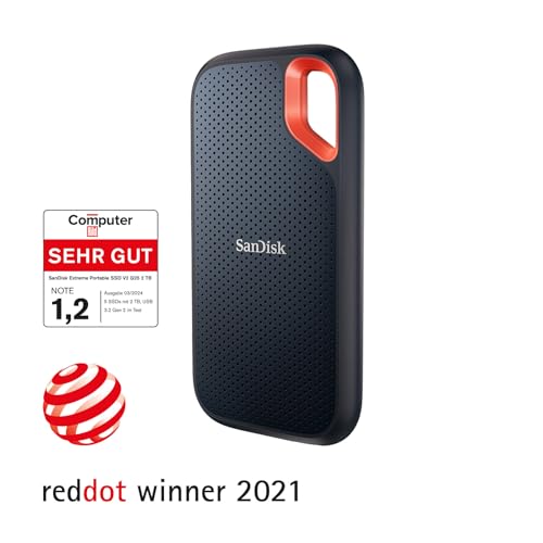 SanDisk Extreme Portable SSD 2 TB (tragbare NVMe SSD, USB C, bis zu 1.050 MB/s Lesegeschwindigkeit und 1.000 MB/s Schreibgeschwindigkeit, wasser  und staubbeständig) Schwarz