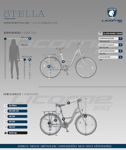 Licorne Bike Stella Premium City Bike in 20,24,26, 28 Zoll Fahrrad für Mädchen, Jungen, Herren und Damen 21 Gang Schaltung (6 Gang bei 20 Zoll) Hollandfahrrad Citybike