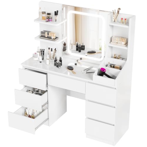 Devoko LED Schminktisch mit 7 Großer Schubladen, 3 Farben mit Einstellbarer Helligkeit Kosmetiktisch Frisiertisch mit Spiegel für das Schlafzimmer, Weiß, 110x40x140cm : Küche, Haushalt &amp; Wohnen