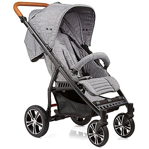 Gesslein Buggy S4 Air  Design 545 mit Liegefunktion, klein zusammenklappbar, für große Kinder bis 25 kg, veganer Lederschieber cognac höhenverstellbar, Kinderwagen Sportwagen, grau meliert