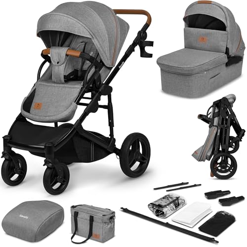 LIONELO Mari Tour 2 in 1 Kinderwagen bis 22kg mit Babywanne verstellbare Rückenlehne Zusammenklappbar 5 Punkt Gurt Große 360 geländegängige Räder dreifache Dämpfung Verdeck XXL Buggy Baby Stroller