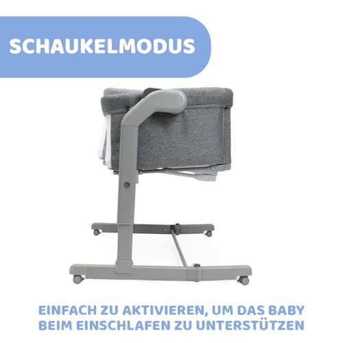 Chicco Next2Me Magic Evo, Beistellbett für Babys, mit Schaukelmodus, Kippfunktion, aufklappbarem Seitenteil, Verstellbarer Höhe, 4 Rädern, inkl. Matratze und Reisetasche, Dunkelgrau