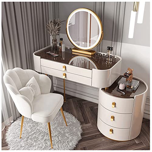 ZUMAHA Stilvoll Morden Schminktisch mit Glasplatte, Schminktisch Set mit Beistellschrank und Stuhl, Schminktisch mit beleuchtetem Spiegel und Schubladen Elegant : Küche, Haushalt &amp; Wohnen