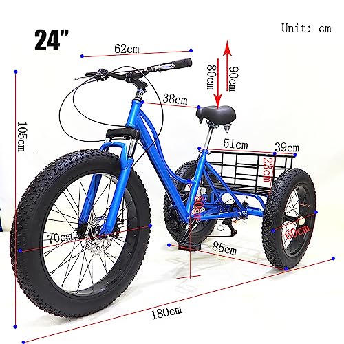 Dreirad für Erwachsene, 24 Zoll, 7 Gang Cruiser Trike mit großem Korb, für Senioren, Damen, Herren – All Terrain Fat Tire 3 Rad Fahrrad zum Einkaufen, Picknick, Outdoor Sport : Sport &amp; Freizeit