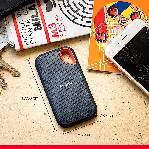 SanDisk Extreme Portable SSD 2 TB (tragbare NVMe SSD, USB C, bis zu 1.050 MB/s Lesegeschwindigkeit und 1.000 MB/s Schreibgeschwindigkeit, wasser  und staubbeständig) Schwarz