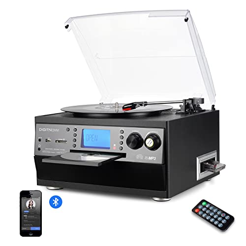 DIGITNOW! Plattenspieler mit Bluetooth, USB Plattenspieler und Codierungsfunktion, klassischer CD Player mit FM Kassette, 3 Geschwindigkeitsstufen, 33/45/78 U/min, integrierte Lautsprecher,