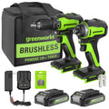 Greenworks 24V Brushless Cordless Drill Impact Driver Combo kit, 1/2u201dDrill &amp; 1/4u201dHex Impact Driver Power Tool Kit, Included 2 Batteries, 1 Charger, 8 pcs Bit Set &amp; Bag
