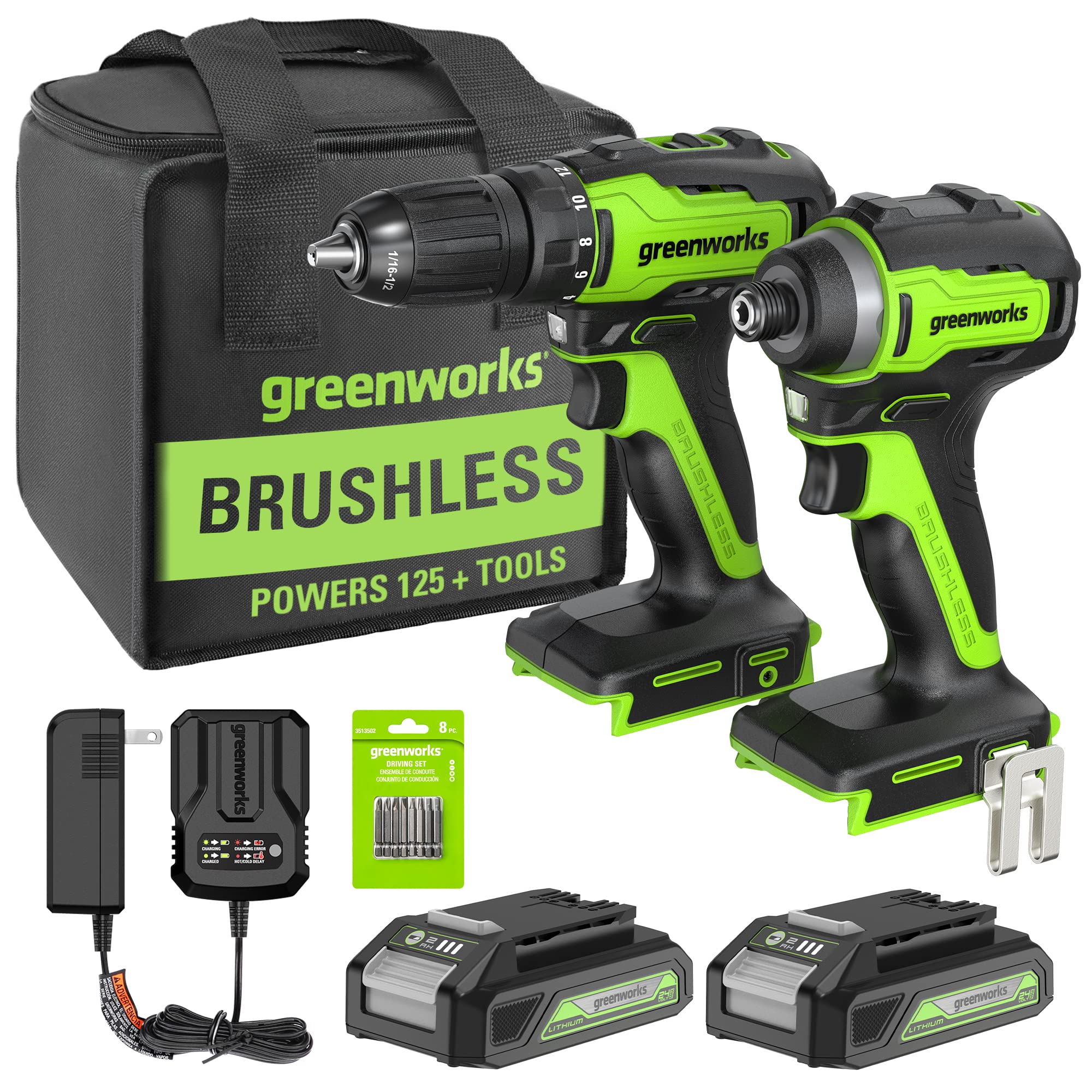 Greenworks 24V Brushless Cordless Drill Impact Driver Combo kit, 1/2u201dDrill &amp; 1/4u201dHex Impact Driver Power Tool Kit, Included 2 Batteries, 1 Charger, 8 pcs Bit Set &amp; Bag