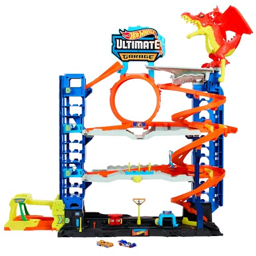 Hot Wheels Let's Race Netflix   Ultimative Garage   Mehrere Ebenen Parkgarage, 3ft hoch, mit 2 Die Cast Autos, ab 5 Jahren, Rennspaß, Stunt Abenteuer, Drachenkampf, Autowaschanlage, Fahrstuhl, HKX48: Spielzeug